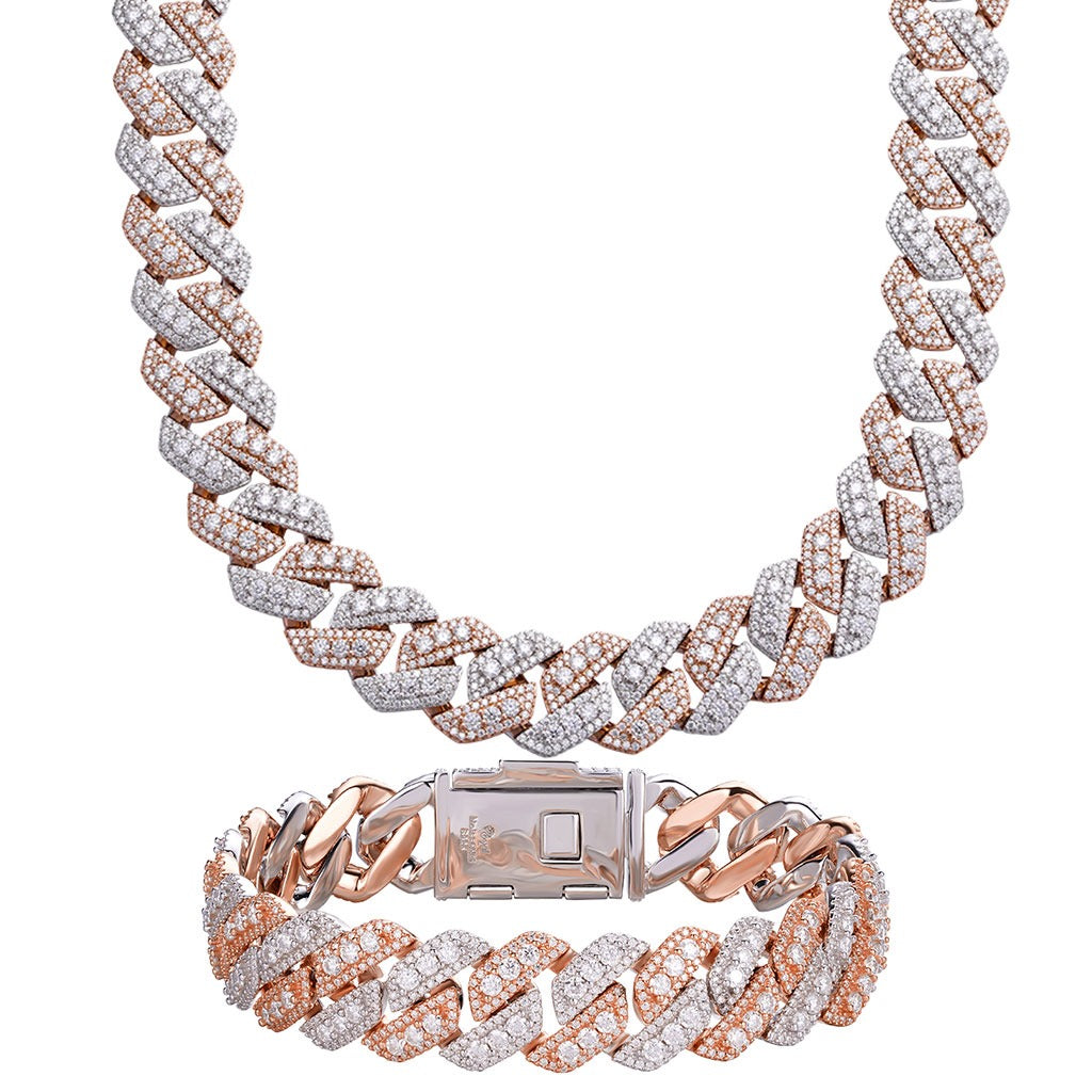14mm Moissanite Solitaire Cuban Chain Bracelet Bundle